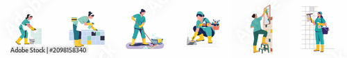 Vector illustrations of professional female cleaners performing various household and industrial cleaning tasks in green uniforms.