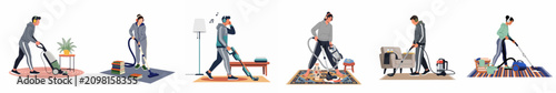 Set of diverse people in casual wear vacuuming rugs and carpets in modern homes while wearing headphones.