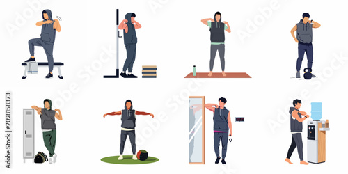 Konstfotografi Flat illustration collection of a man in sportswear engaged in gym activities like weightlifting, stretching, using lockers, and staying hydrated