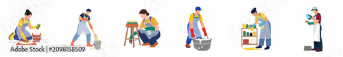 Professional cleaning service workers illustration set featuring men and women performing tasks like floor mopping, scrubbing, and dusting, isolated on white.