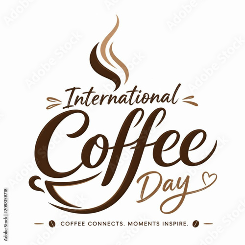 International coffee day typographic logo design with a steaming cup icon in dark brown text style