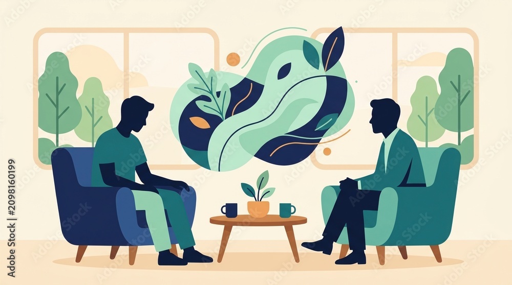Fototapeta premium Two men sit in a therapy session discussing male fertility and reproductive health while surrounded by symbolic elements of wellness and nature.