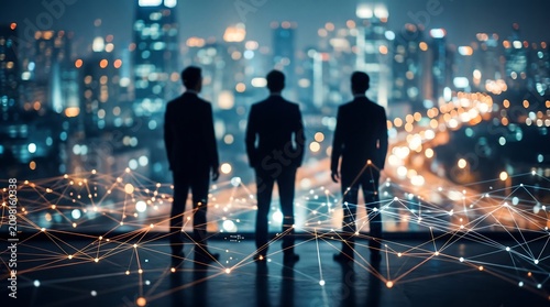 Silhouetted figures of business people stand against a backdrop of a blurred cityscape network. Concept for corporate partnership, technological innovation and global connectivity