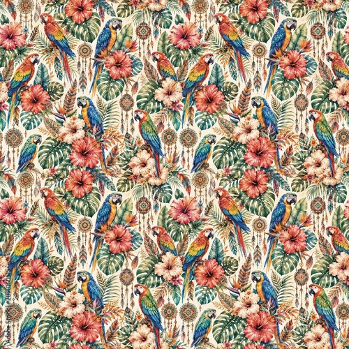   Watercolor Tropical Parrot Seamless Pattern with Exotic Flowers and Botanical Leaves