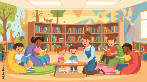 Une institutrice lisant des histoires à un groupe d'enfants dans une bibliothèque colorée.