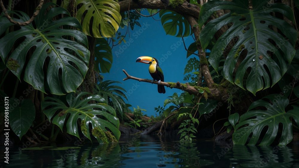 Fototapeta premium Toucan perches on branch framed by lush green leaves above calm water.