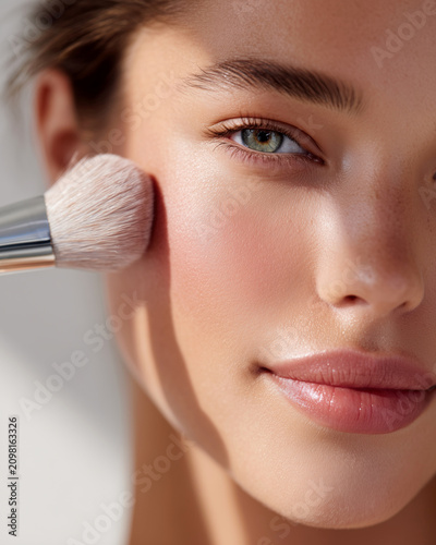Woman applying face makeup with a cosmetic brush in a close-up portrait, representing beauty, skincare, and everyday makeup routine