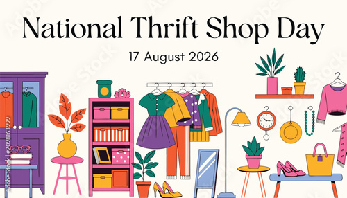 Colorful illustration celebrating national thrift shop day with vintage clothes items