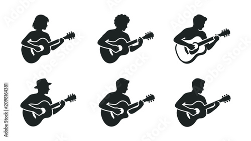 Canvas Print Diverse Guitar Player Silhouettes Set - Acoustic Music Icons