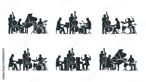 Photography Jazz Band Silhouette Set: Musicians Playing Piano, Double Bass, Drums