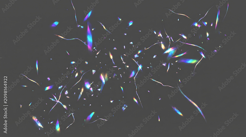 Obraz premium Abstract holographic light shards and rainbow prismatic fragments floating on a dark grainy fiber paper textured background