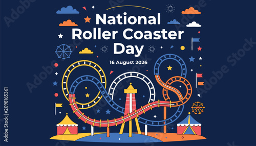 Billede på lærred Colorful flat vector illustration celebrating national roller coaster day event