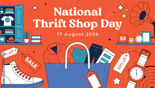 Bild auf Leinwand Bright orange graphic banner celebrating national thrift shop day event