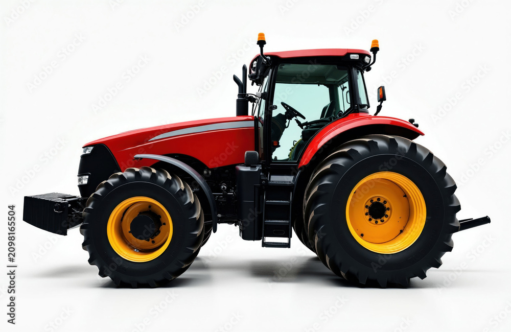 Fototapeta premium Red farm tractor isolated on white studio background. Large vehicle for agricultural work, modern machinery for farming operations. Powerful engine, robust tires. Agricultural machine ready for field