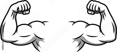 Canvastavla Strong muscular man flexing biceps arm muscles vector cartoon illustration logo
