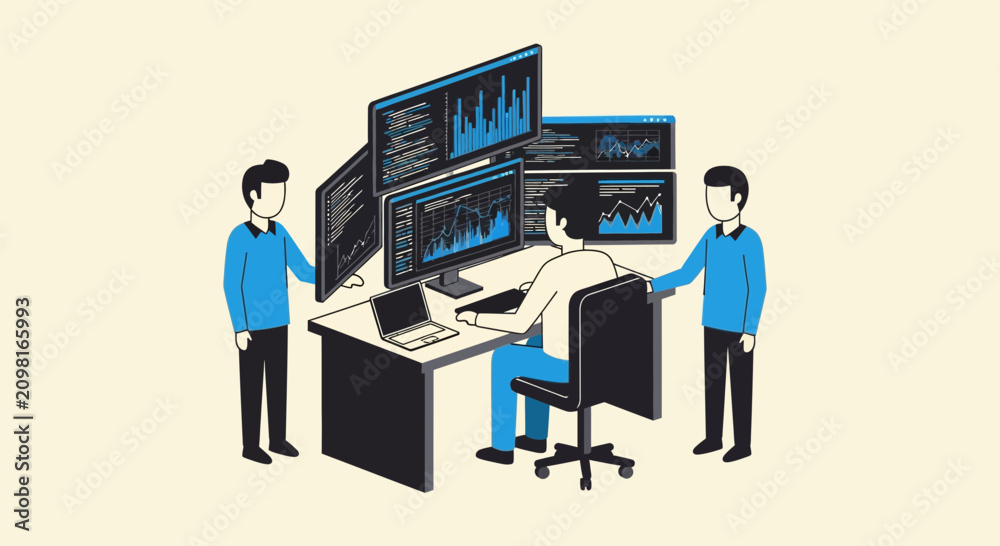 Fototapeta premium Business Team Analyzing Financial Data on Multiple Monitors