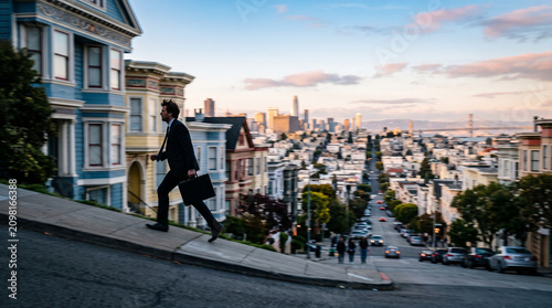 Businessman Running Down Steep Street Toward City Skyline