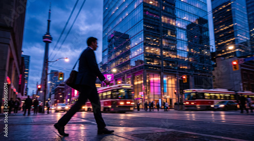 Businessman Crossing Urban Street at Dusk