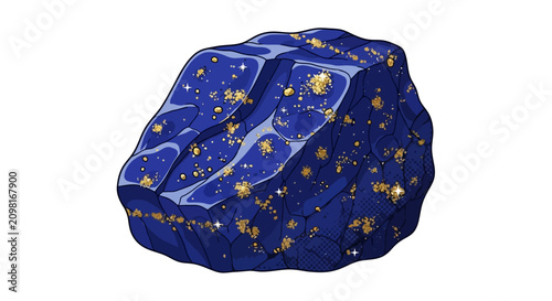 A Detailed Vector Illustration of a Rough Lapis Lazuli Gemstone Featuring Natural Deep Blue Pigment and Shimmering Gold Pyrite Mineral Inclusions