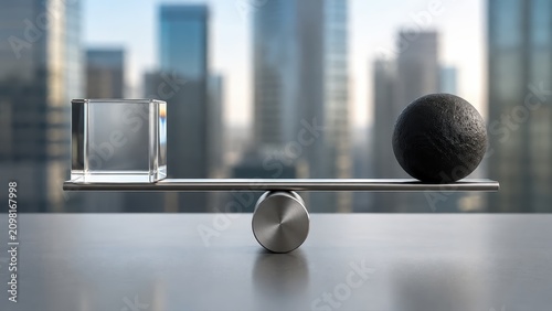 Glass Cube and Black Sphere Balancing on a Metal Scale in an Office