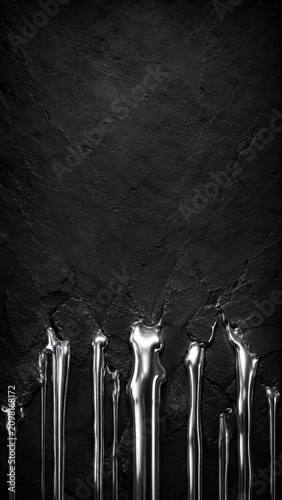 Molten Liquid Silver Metal Flowing Down on a Rough Black Stone Texture
