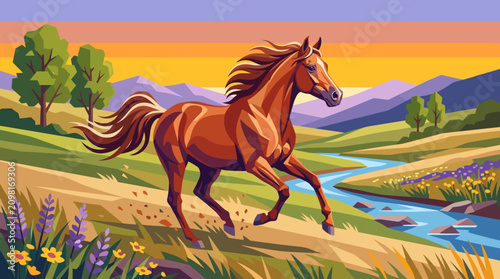 Canvastavla Powerful Arabian horse galloping across an open meadow, flowing mane, muscular b