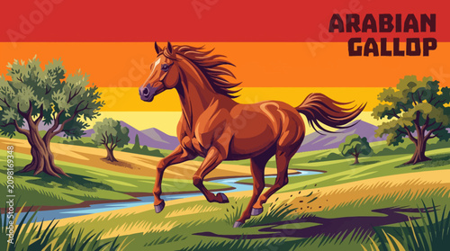 Fotografie Powerful Arabian horse galloping across an open meadow, flowing mane, muscular b