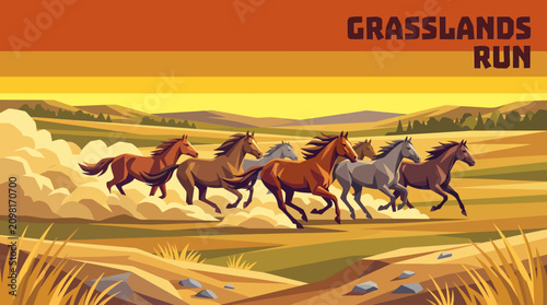 Canvastavla Majestic wild horses running across vast grasslands, flowing manes, synchronized