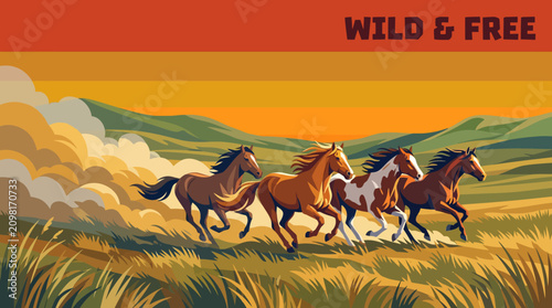 Photos Majestic wild horses running across vast grasslands, flowing manes, synchronized