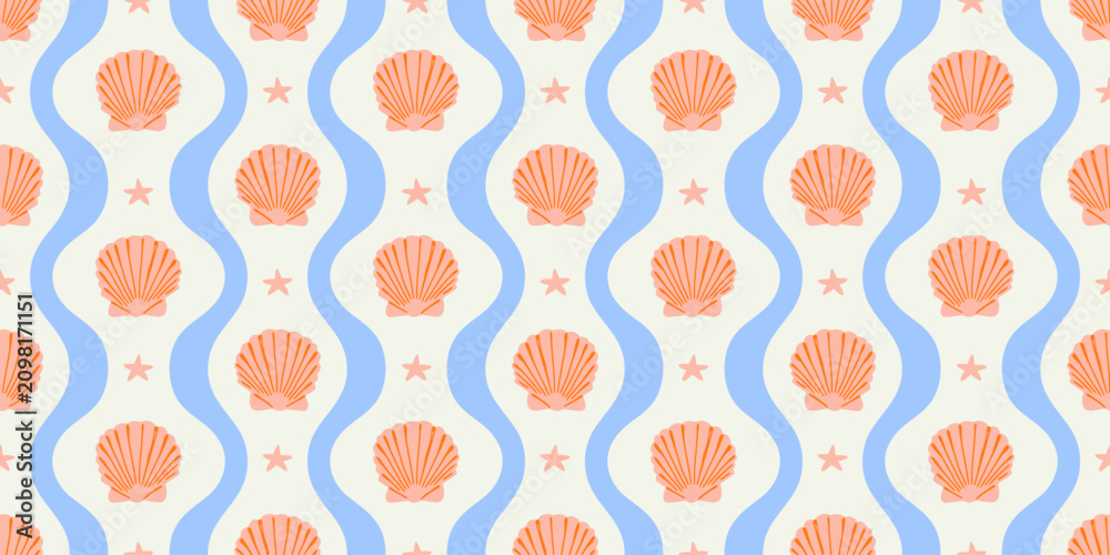 Naklejka premium Tropical beach sea shell seamless pattern. Summer marine animal background design. Vacation travel concept. Ocean seashell wavy stripe backdrop illustration.