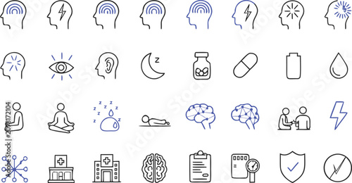 Mental Wellness Icon Set with Brain Mind Meditation and Sleep Health Symbols Vector