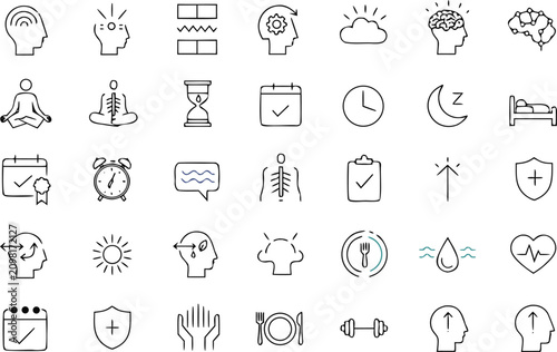 Mental Health Wellness Icon Set with Brain Meditation Sleep and Self Care Symbols Vector