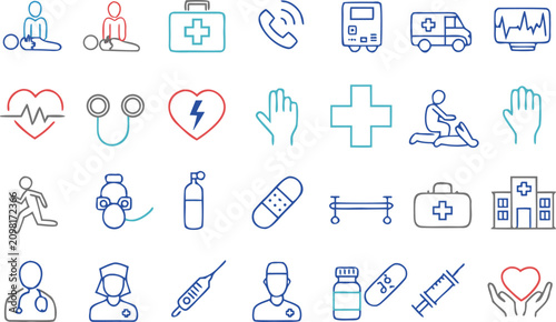Emergency Medical Icon Set with Ambulance Doctor CPR and First Aid Response Vector