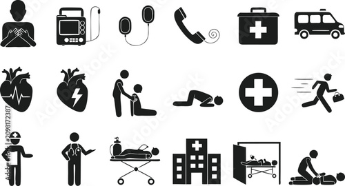 CPR Emergency Response Icon Set with Defibrillator Ambulance and First Aid Symbols Vector