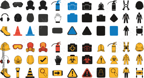 Safety Equipment Icon Set with Helmet Goggles Gloves and Warning Symbols Vector