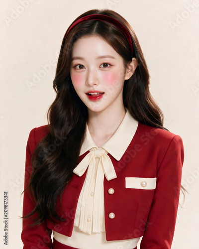 Young Woman in Red Uniform Style Outfit