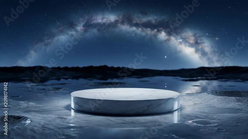 Marble podium glowing under milky way arch over reflective surface for luxury product display