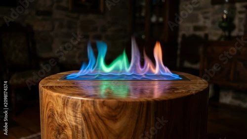 Colorful multicolored flames burning and flickering on wooden stump table in rustic interior for fire and decoration content