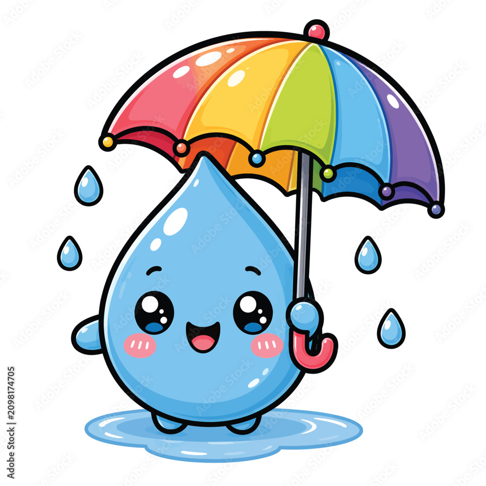 Obraz premium Cute Cartoon Water Drop Character Standing in a Puddle Holding a Colorful Rainbow Umbrella During a Rainy Day