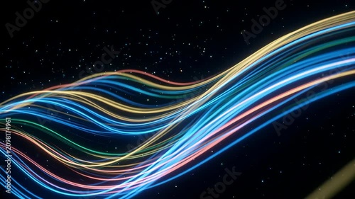 Colorful neon light streams flowing and waving on dark background for technology and data intro