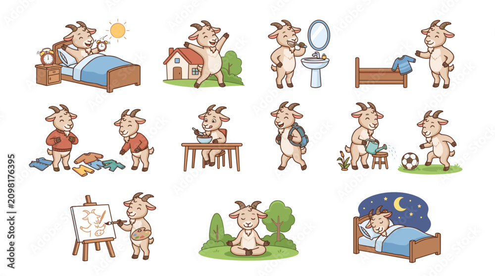 Fototapeta premium Cute cartoon goatie character daily routine vector set featuring waking up brushing teeth eating playing soccer sleeping and painting activities isolated on white background.