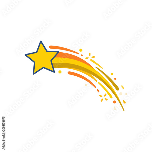 Yellow star with orange and yellow streaks and sparkles on white background