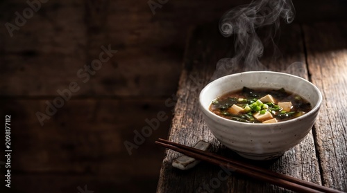 Japanese cuisine, a steaming bowl of miso soup with chopsticks rests on a dark wooden table