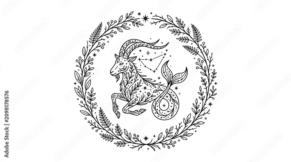 Obraz premium Celestial sea goat zodiac symbol with floral wreath illustration
