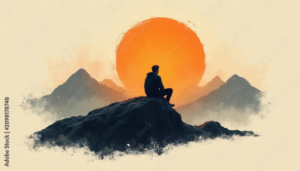 Obraz premium Young man sits alone on mountain rock at sunset. Silhouette of male person enjoys quiet view of orange sun above clouds. Peace, solitude define nature scene. Travel hiker relaxes during evening