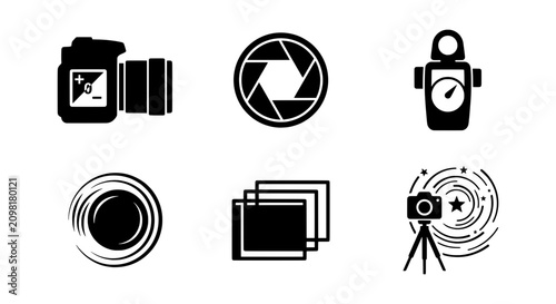 Photos Photography Icons Set: Camera, Aperture, Light Meter, Lens, Layers, Tripod Camer
