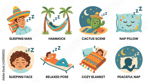 Vector Set Illustrates Relaxation with Sleeping Man, Hammock, Cactus Scene, Nap Pillow, and Cozy Blanket in Various Peaceful Scenes
