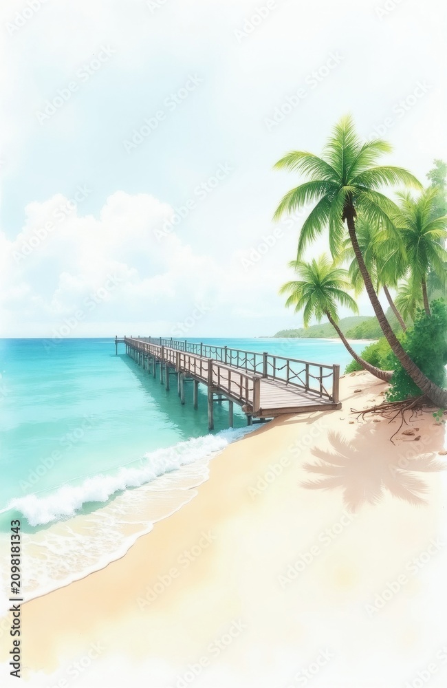 Fototapeta premium Watercolor illustration of tropical sandy beach with long wooden pier extending into blue sea water. Green palm trees grow on shore near ocean waves. Bright summer landscape background for creative