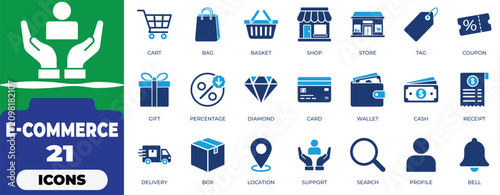 Foto Premium Two Tone Blue E-Commerce Flat Icons Set for Online Shopping Website and Mobile App UI Design, Modern Vector Glyph Graphic Assets Collection