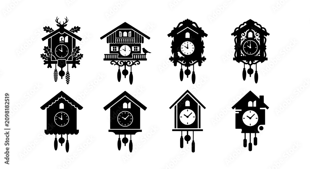 Fototapeta premium Black Silhouette Cuckoo Clocks Collection, Vintage Timepiece Icons, Decorative Pendulum Wall Clocks